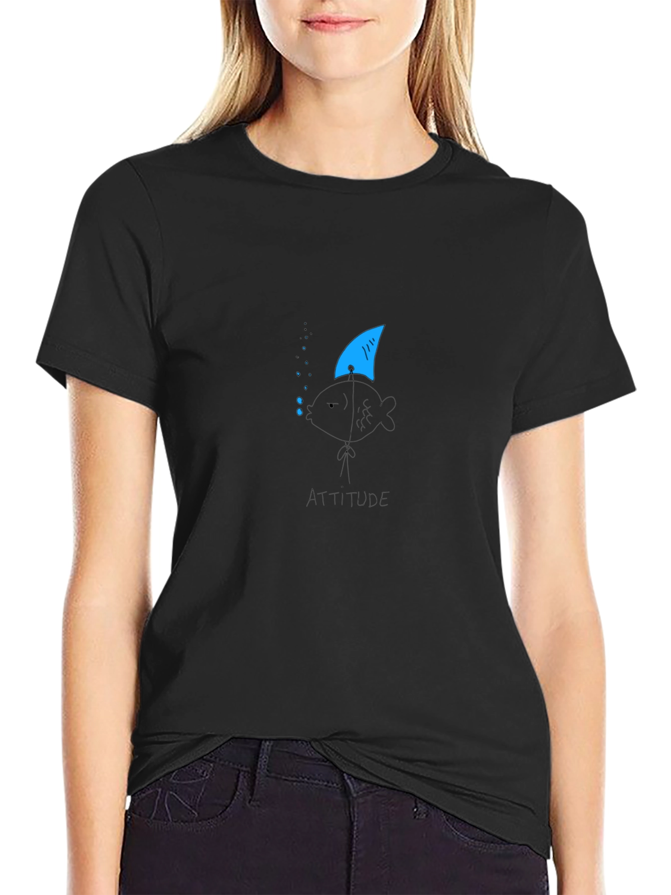 Attitude Fish Tee - Shark Fin Black Cotton T-Shirt