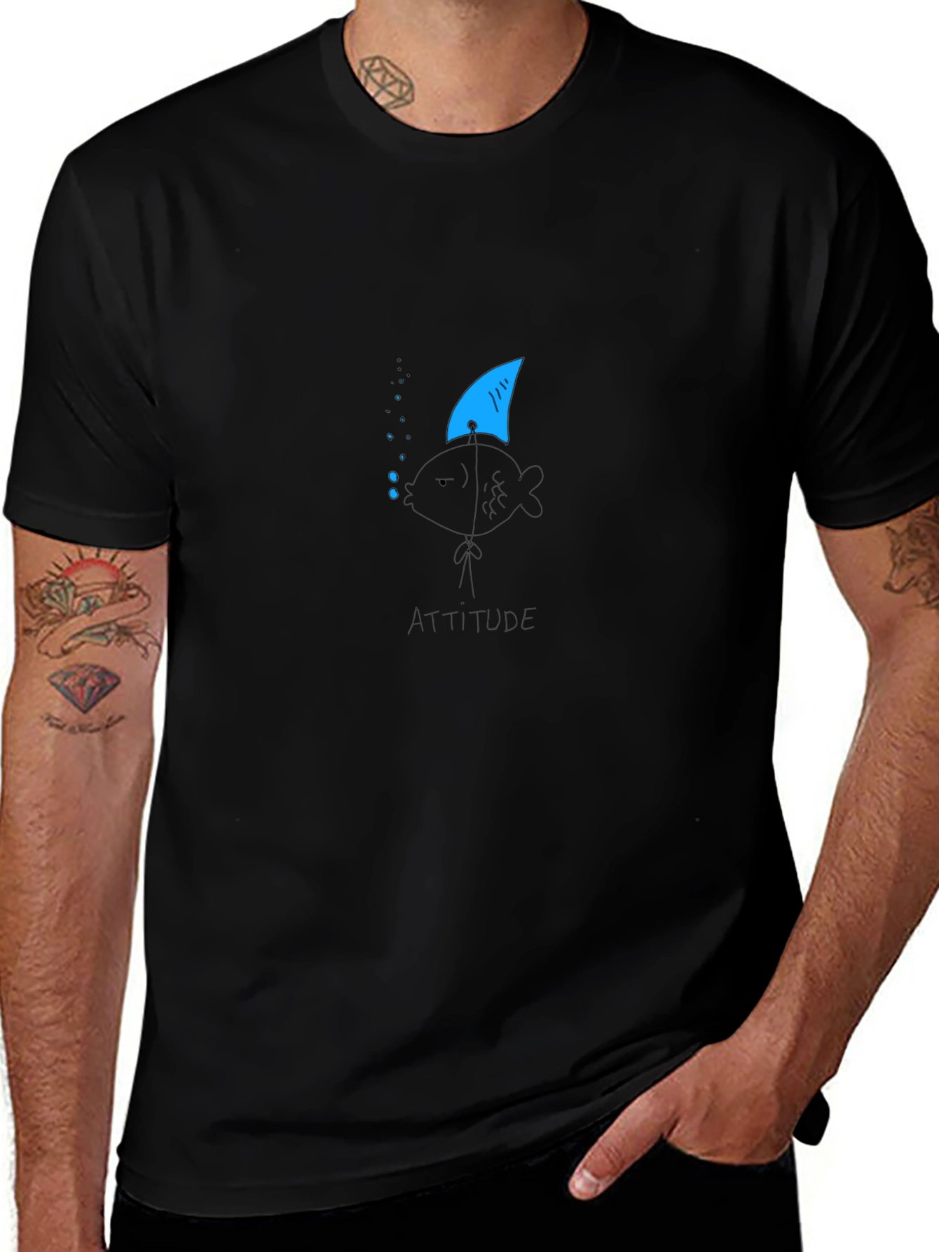 Attitude Fish Tee - Shark Fin Black Cotton T-Shirt